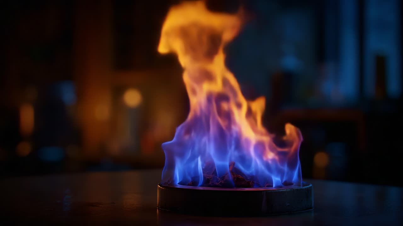 Un'ipnotica rappresentazione di fiamme vivaci che danzano sopra una base circolare, mettendo in mostra la bellezza e l'energia feroce del fuoco in un ambiente oscuro incantevole