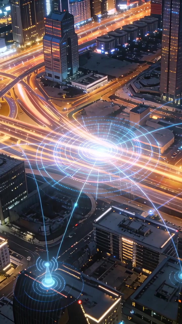 Video verticale: Griglia che appare inviando raggi sui tetti, visualizzando dati su uno svincolo autostradale.