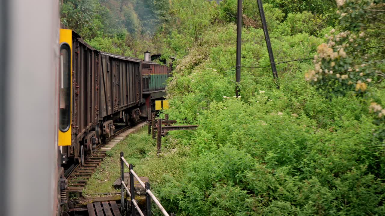 A scenic train winds its way through dense jungle and rolling hills on the famous Ella to Kandy route in Sri Lanka.