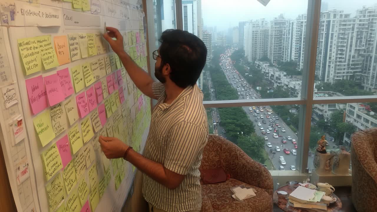 A focused individual actively organizes colorful sticky notes on a board, analyzing data and ideas in a modern office space with a cityscape view