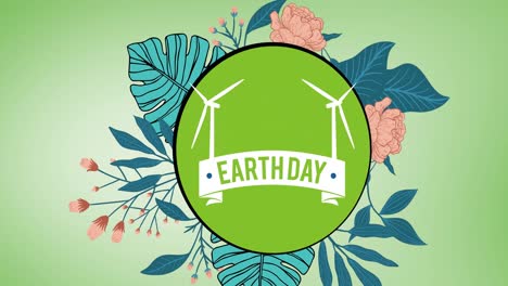 Animation-of-earth-day-text-and-windmills-logo-over-flowers-on-green-background