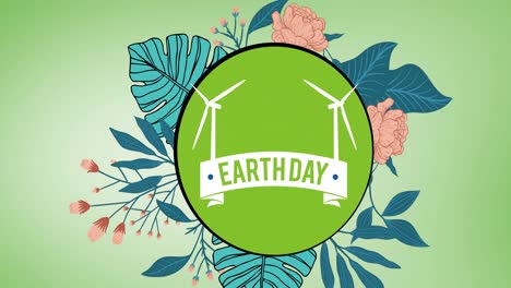 animation of earth day text and windmills logo over flowers on green background