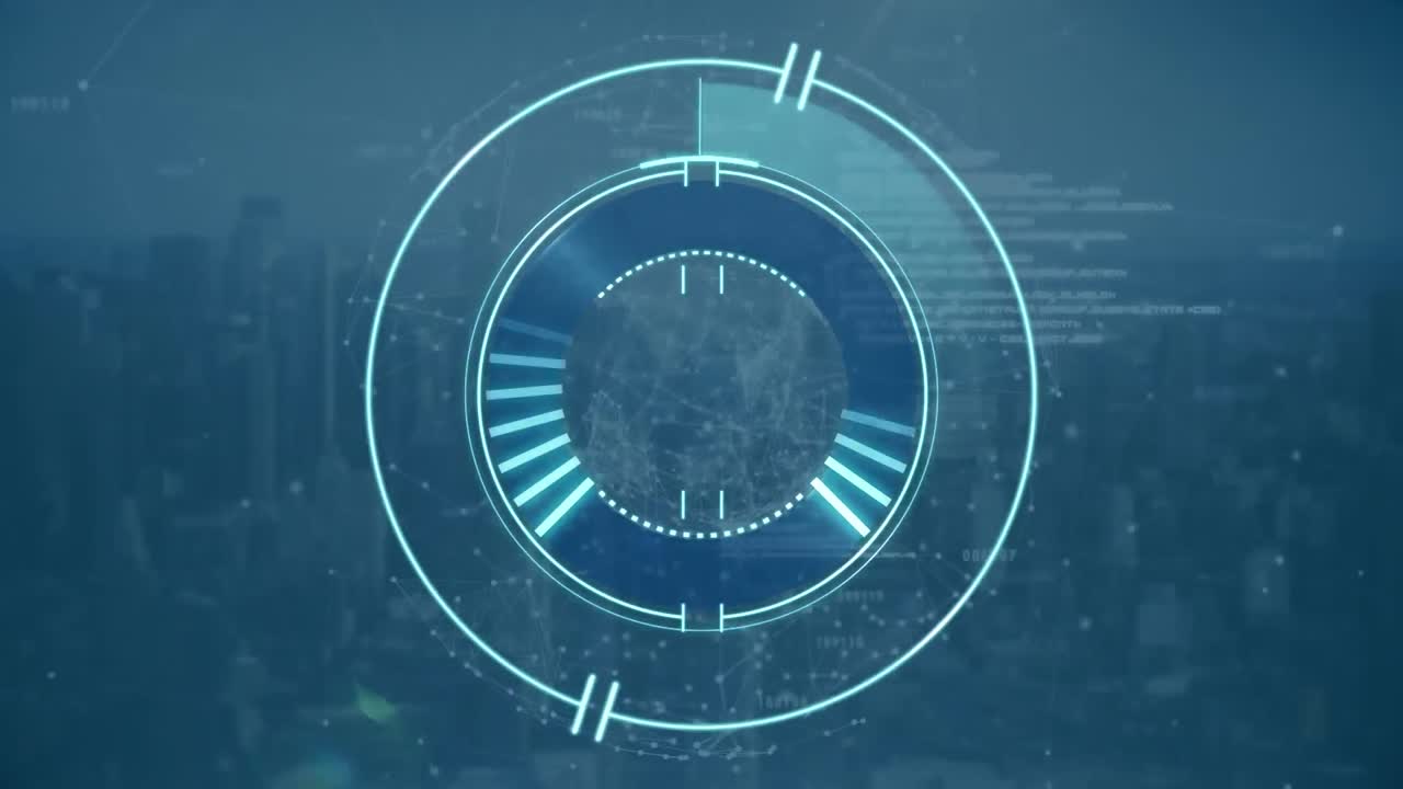Animation of scope scanning, data and statistics processing over cityscape