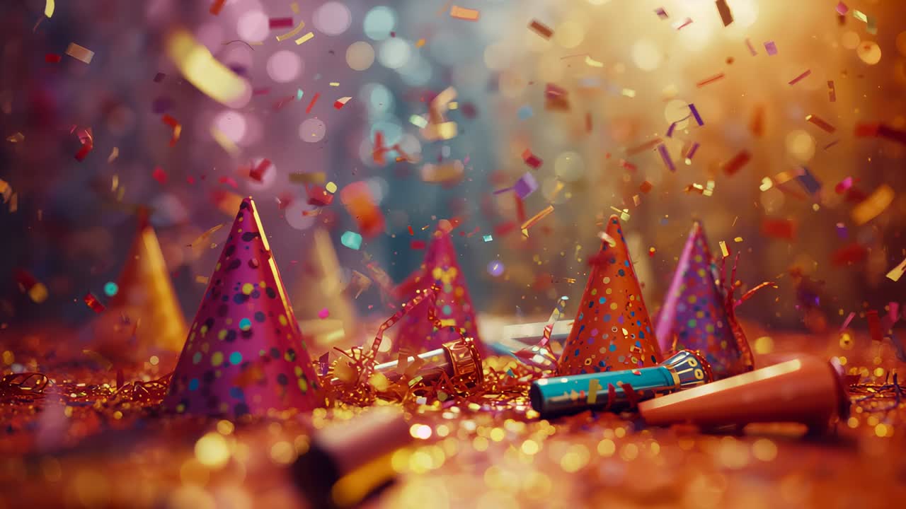 Shot showing five party hats on tabletop with streamers and blowers, confetti falling in bokeh