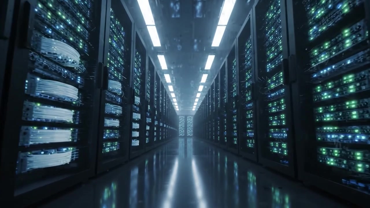 A Futuristic Data Center Corridor Displaying Rows of High-Tech Servers Illuminated with Colorful LEDs, Reflecting the Advanced Infrastructure of Digital Storage and Connectivity