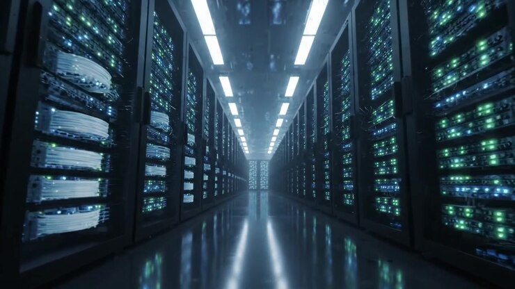 Un corridoio futuristico di un data center che mostra file di server ad alta tecnologia illuminati con LED colorati, riflettendo l'infrastruttura avanzata di archiviazione digitale e connettività.