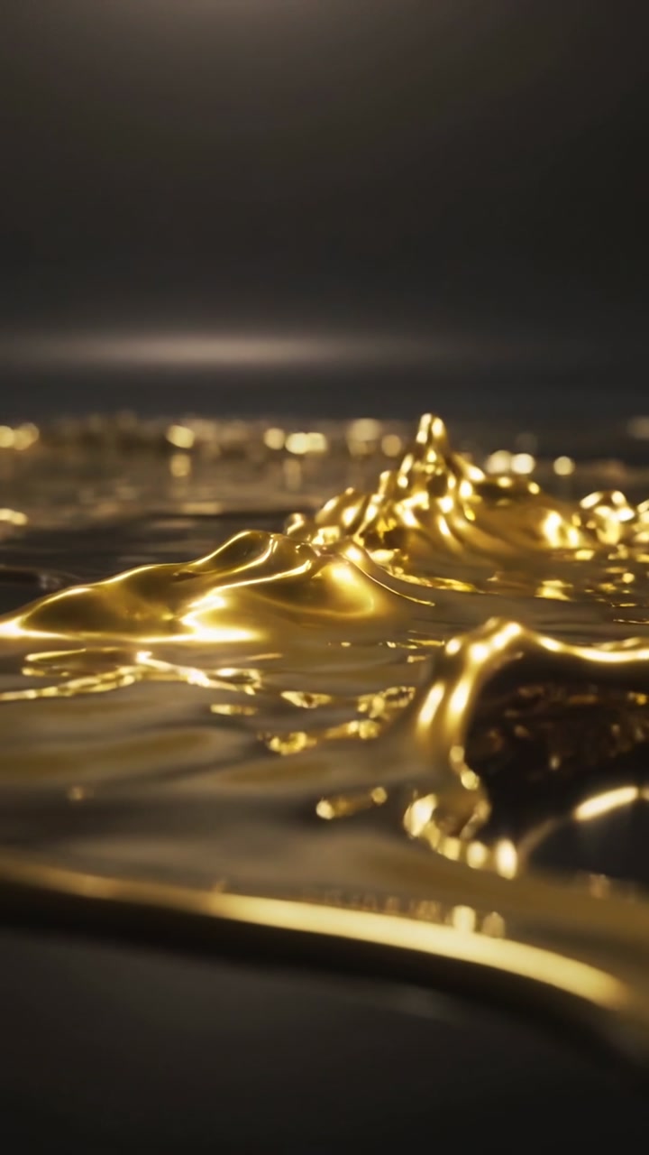 Vertical video: Moving golden metal liquid surface under vibration in studio, forming sharp peaks