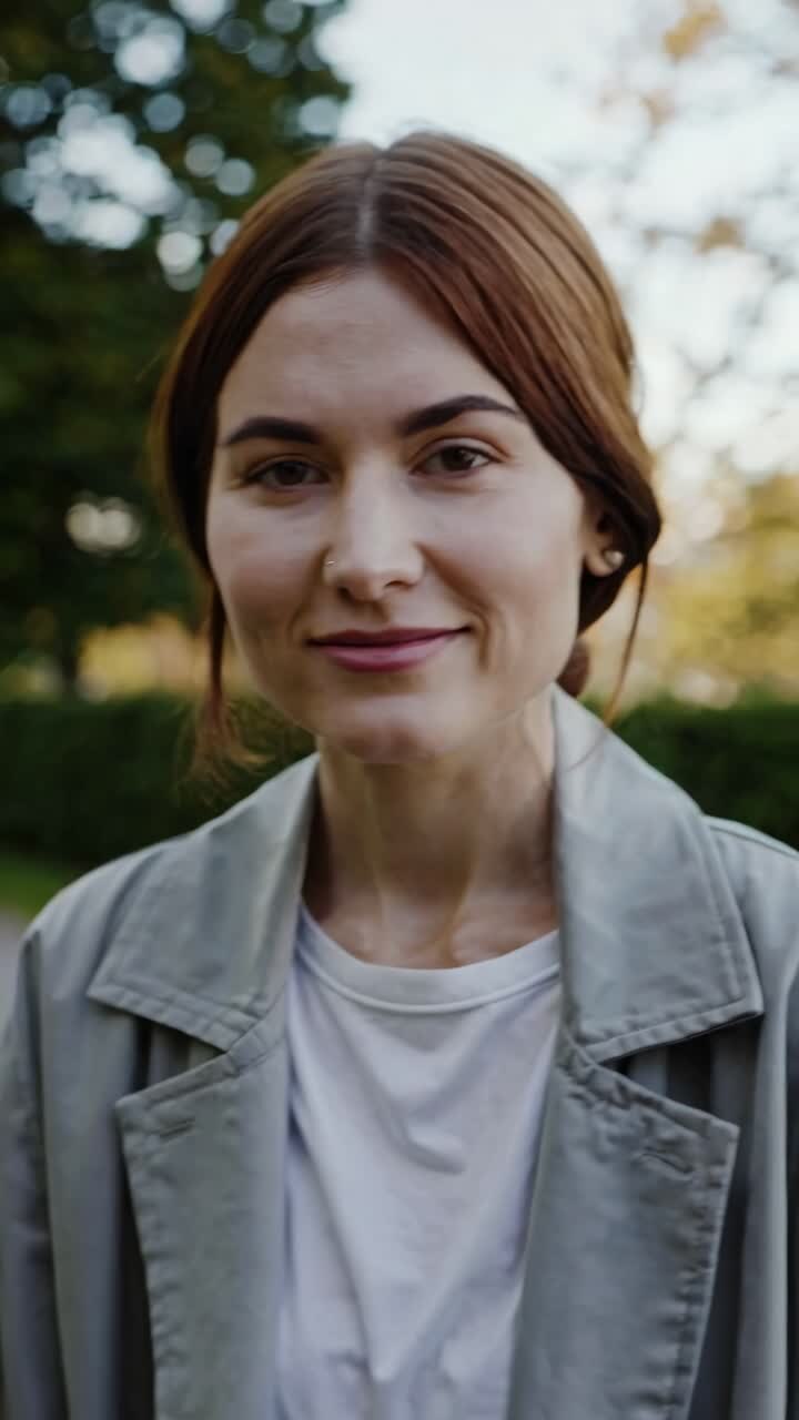Giovane donna allegra che indossa abiti casual, che sorride e sta in piedi in un ambiente di parco, irradiando energia positiva con una posa naturale e rilassata tra la vegetazione autunnale e la luce solare soffusa.