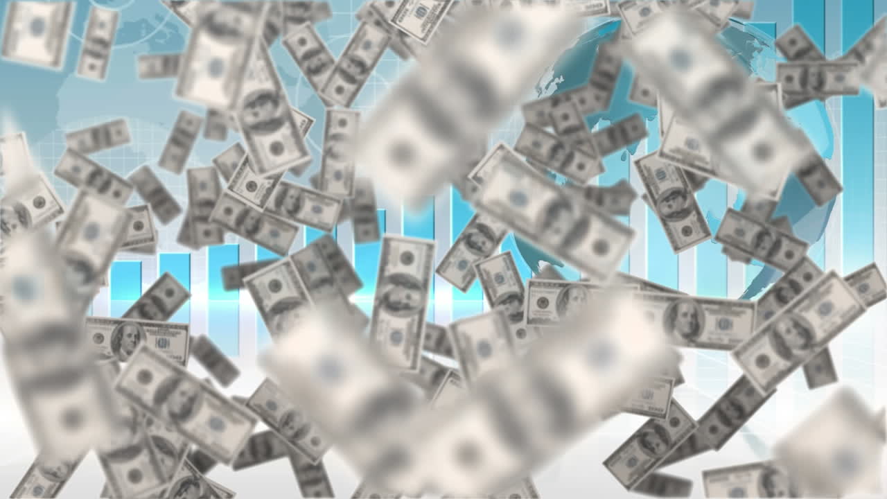 전 세계로 떨어지는 미국 달러 지폐의 애니메이션과 통계