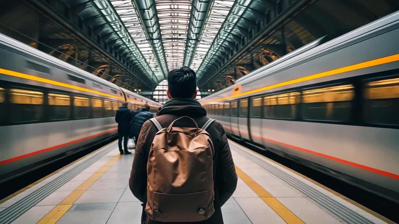 Back view of a person with a backpack in a subway station, captured from a low angle