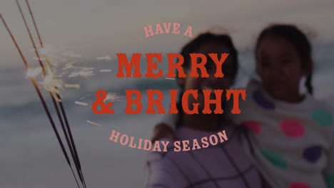 animation of have a merry and bright holiday season over happy hispanic mother and daughter