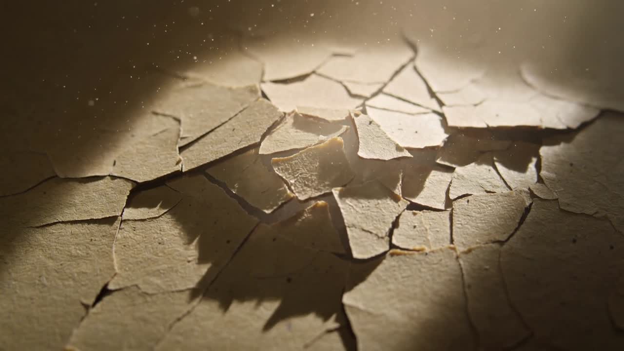 Warm beam sweeping across cracked wall, causing central flake lifting and revealing yellow layer