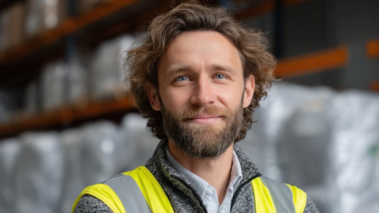 Confident Warehouse Employee Smiling in Safety Gear Amidst Stocked Shelves, Showcasing Commitment to Workplace Safety and Efficiency
