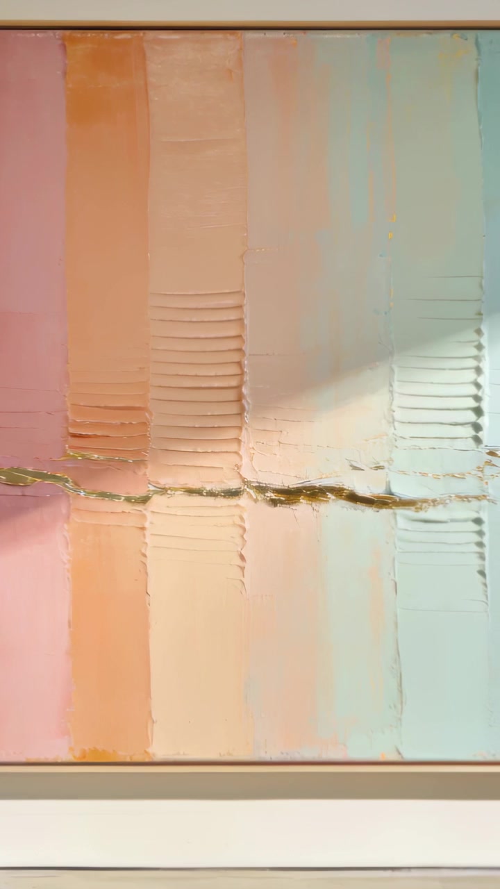 Vertical video: Shifting spotlight showing texture on pastel canvas on room wall, gold seam