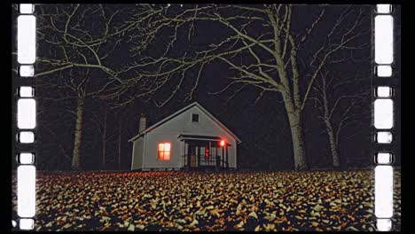 vintage film capturing weathered farmhouse glowing softly against darkening autumn landscape, bare branches and scattered leaves creating melancholic atmosphere