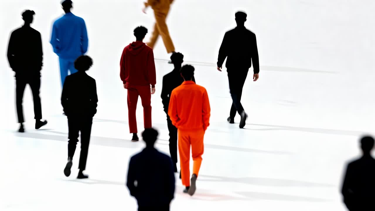 Gruppo di modelli maschili che camminano su un pavimento di studio bianco, la telecamera si stringe su un abito arancione
