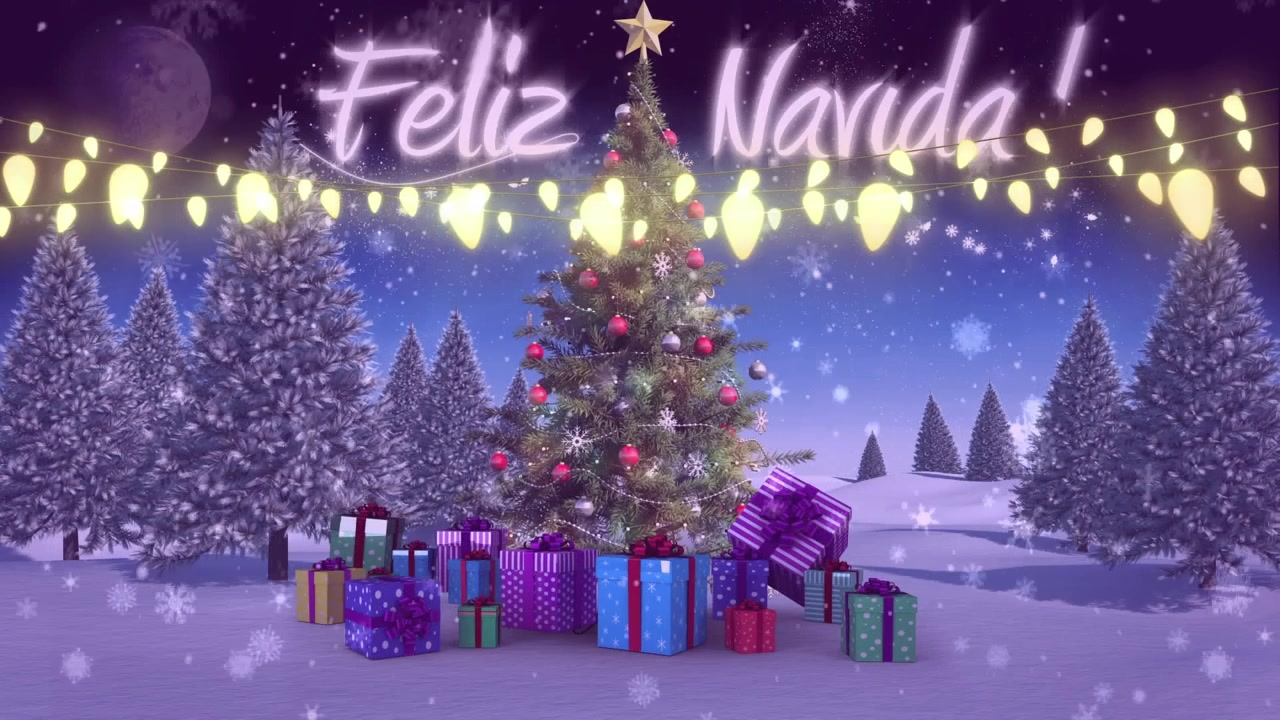 Animasi teks Feliz Navidad di atas pohon Natal