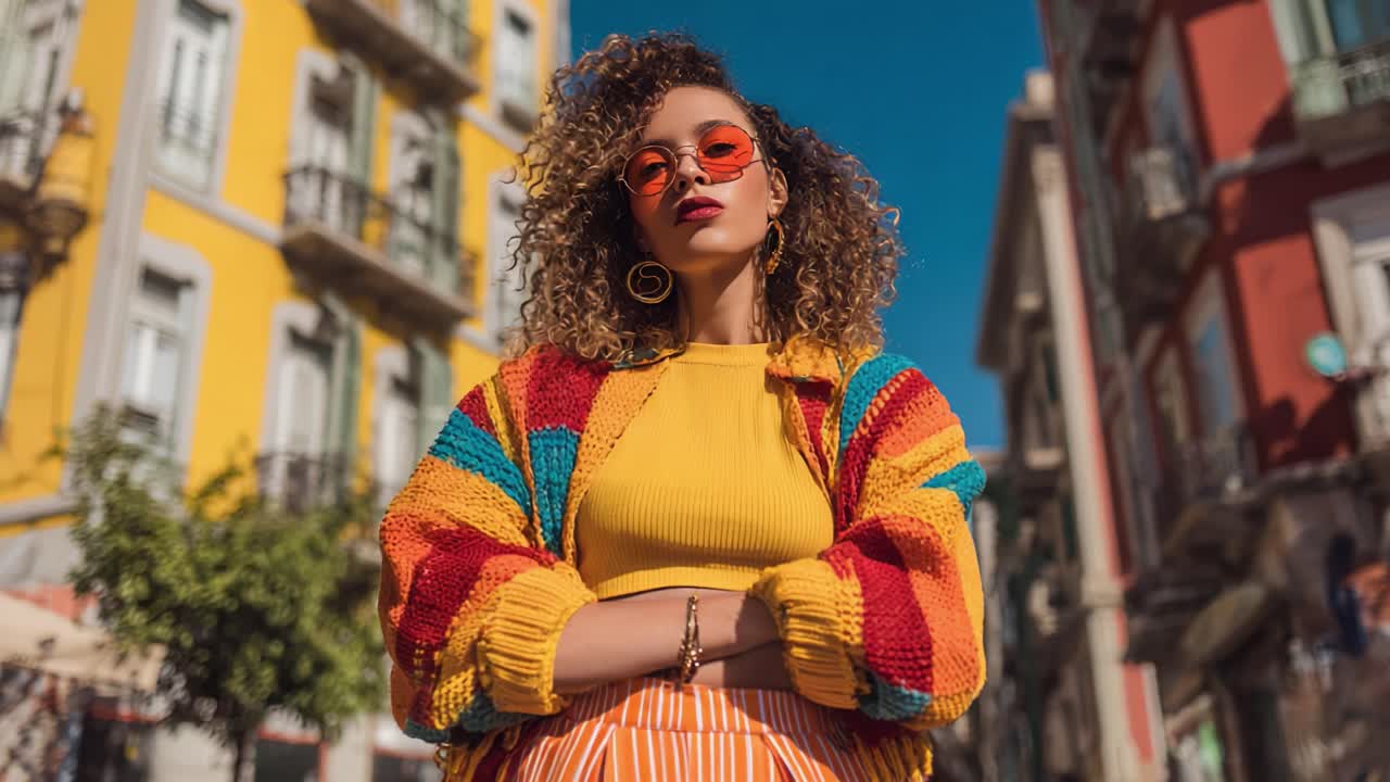 A vibrant urban scene featuring a stylish woman with curly hair and bold fashion choices, adorned in colorful attire that represents modern street style, showcasing confidence and self-expression in a sunny setting