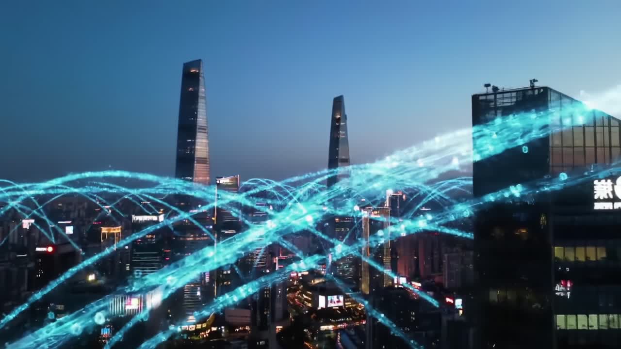Uno straordinario paesaggio notturno dello skyline di una vivace città con torri illuminate e una rete digitale dinamica che rappresenta il progresso tecnologico urbano