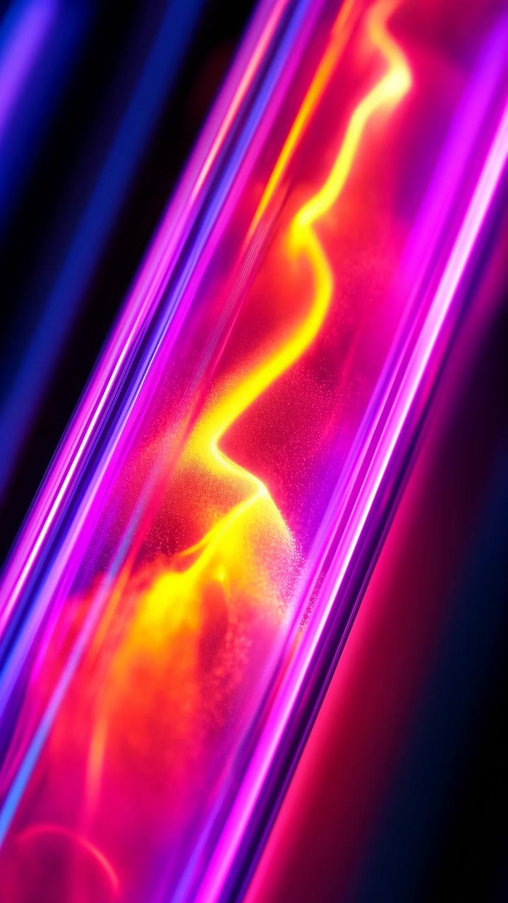 Onde luminose scorrono lungo una superficie riflettente mentre toni rosa, viola e gialli si spostano attraverso l'inquadratura, mostrando un movimento fluido, texture luminose e una composizione astratta ravvicinata con illuminazione vivida.
