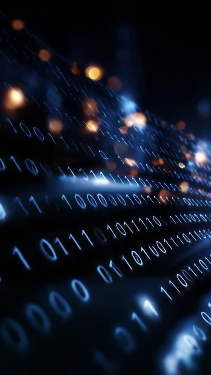Visual Representation of Binary Data Flow in a Digital Environment, Featuring Streams of Ones and Zeros with a Mystic Blue Glow and Background Lights