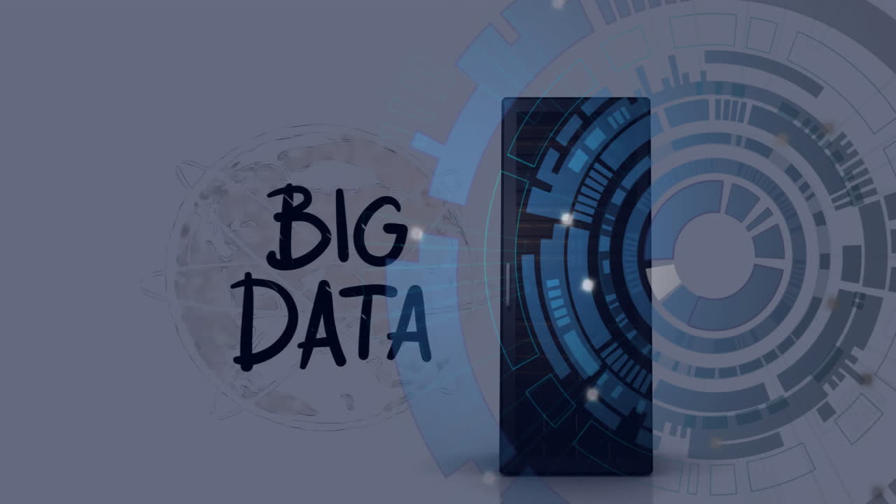 Animation of big data text and digital data processing over computer server