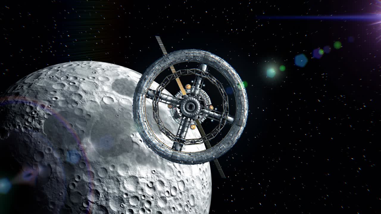 vuelo a través de las puertas de la estación espacial de ciencia ficción, pantalla verde, animación 3d. textura de la luna fue creado en el editor gráfico sin fotos y otras imágenes.