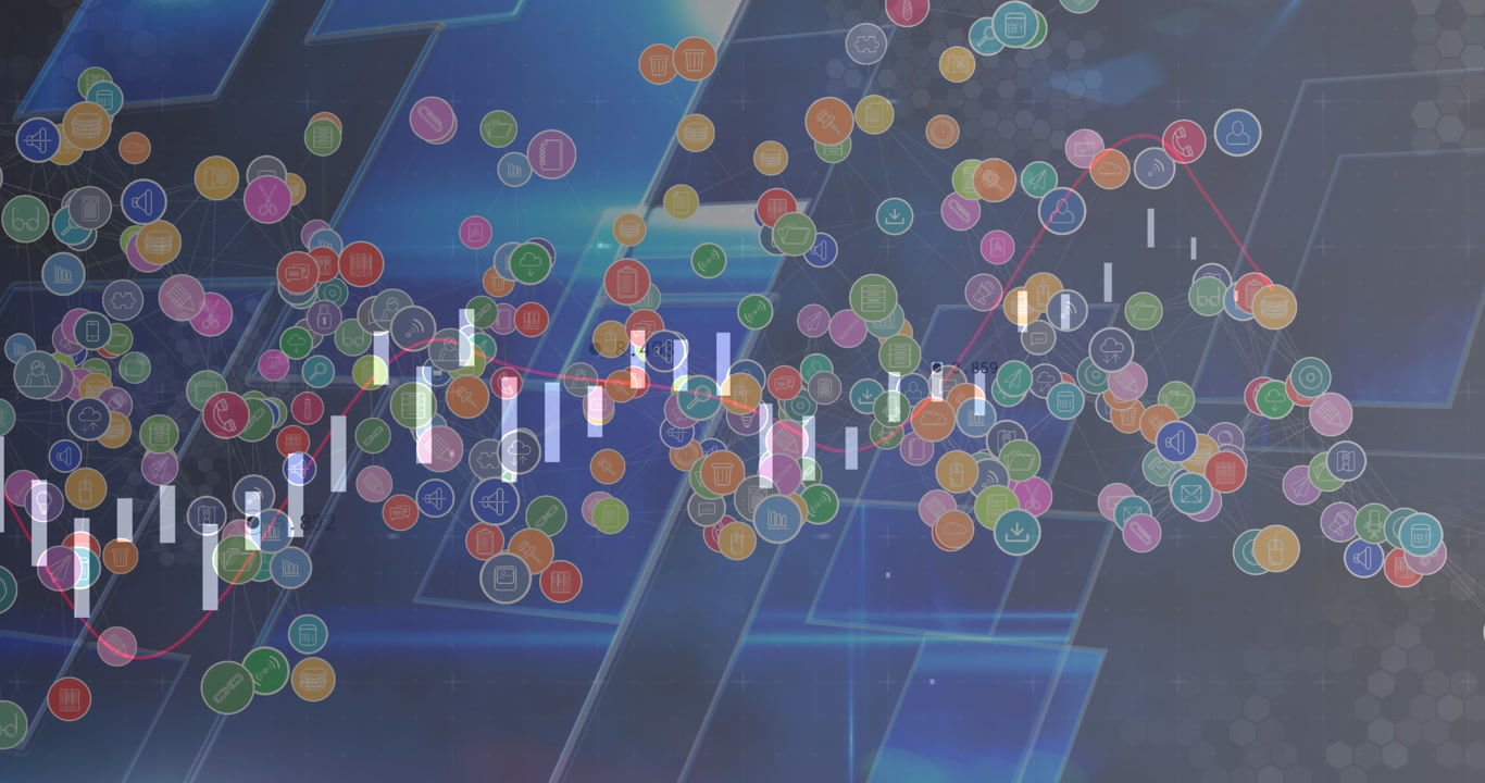 Animation of digital icons over statistics and financial data processing