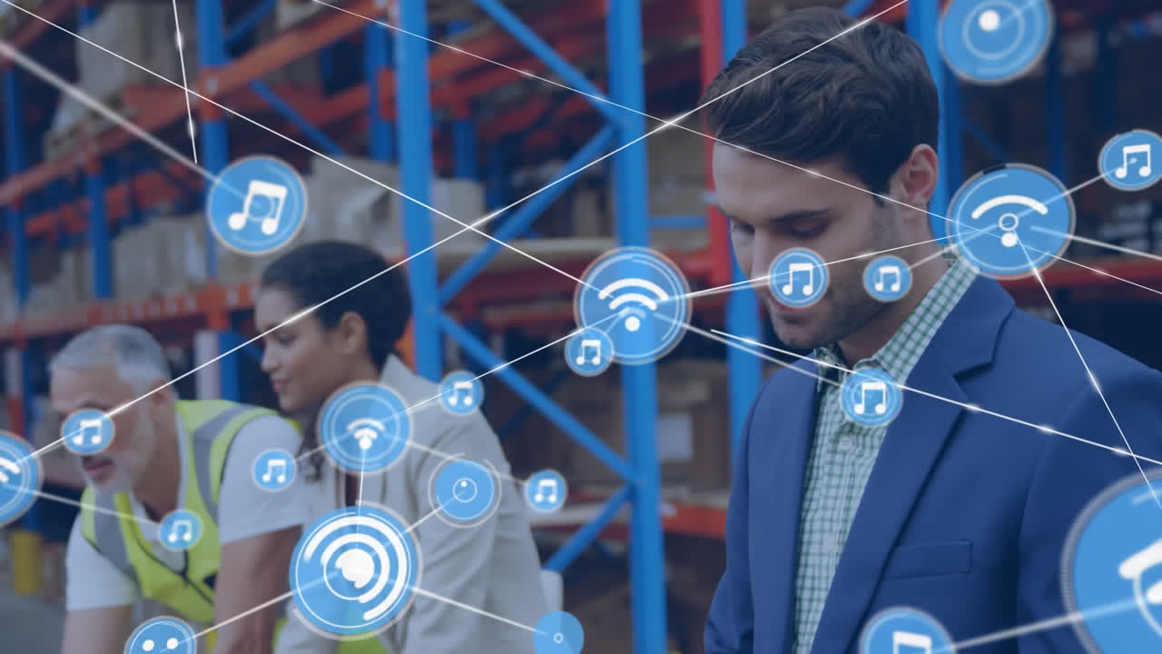 animación de la red de conexiones con iconos sobre diversas personas que trabajan en el almacén