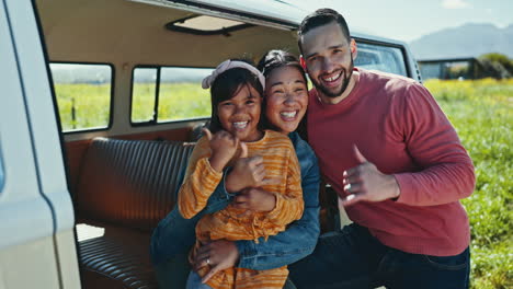 family, parents and face of child in car for road