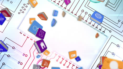 animation of technological icons falling over microprocessor connections