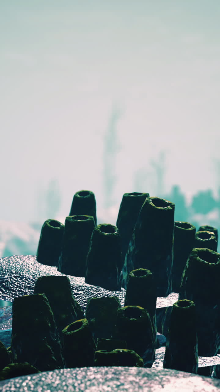 un mundo alienígena con rocas verdes brillantes y una niebla brumosa en el fondo