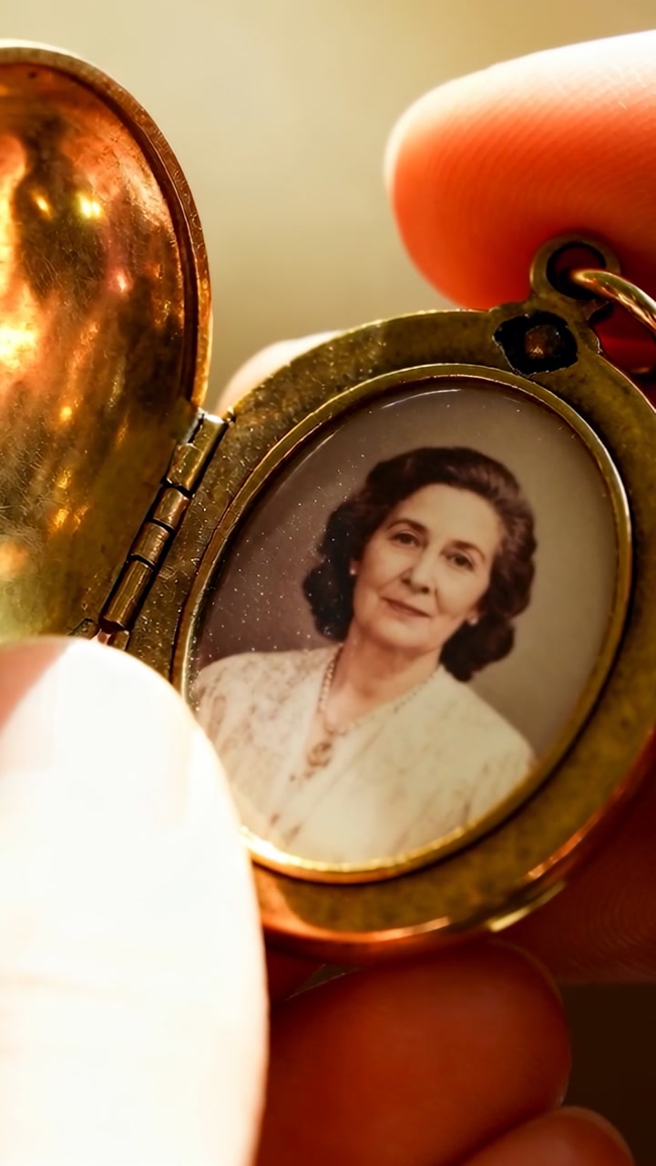 Holder adjusting brass locket, revealing senior portrait while examining heritage jewelry details
