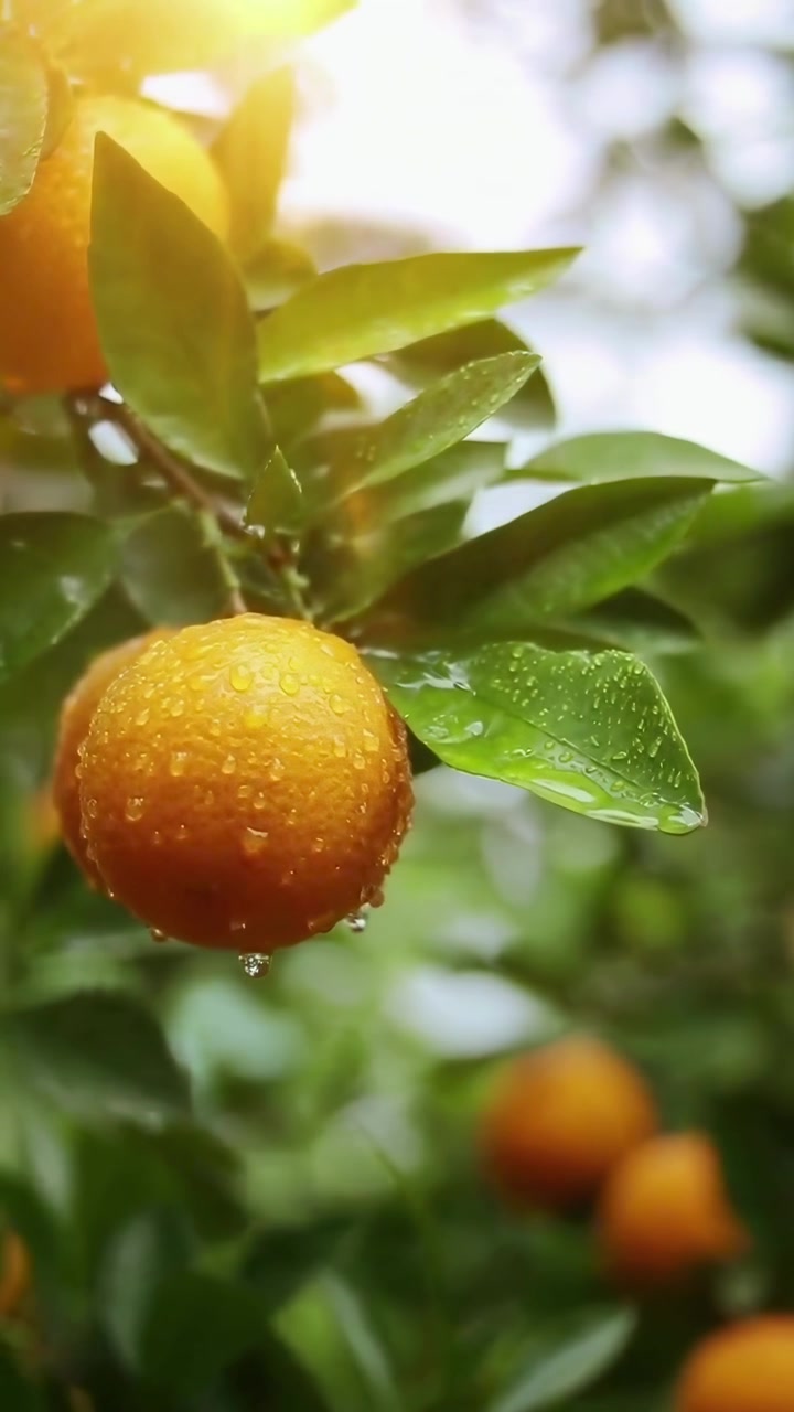 Arance illuminate dal sole con goccioline d'acqua che gocciolano su un ramo d'albero