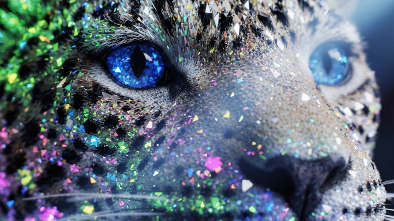 Primo piano accattivante di un leopardo scintillante che mostra la sua pelliccia luccicante e i suoi occhi blu ipnotizzanti in una splendida dimostrazione della bellezza della natura