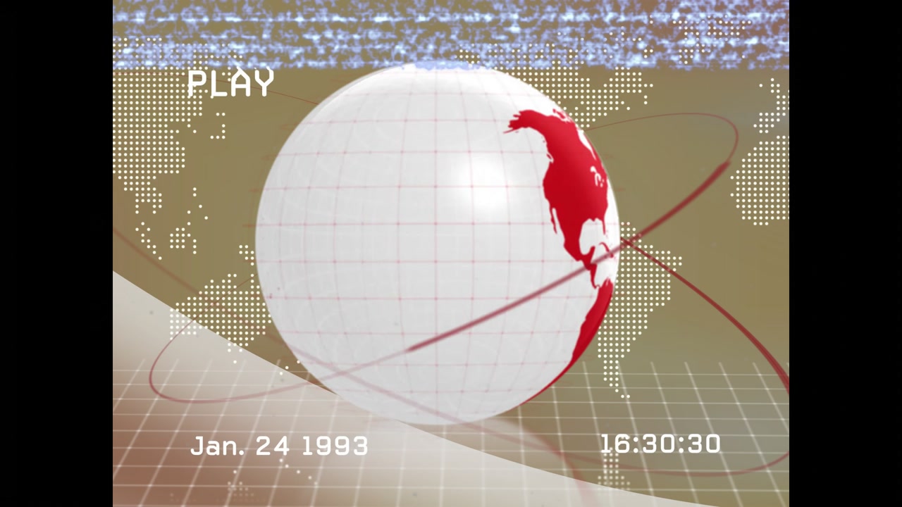 PLAY press starting playback, rotating globe sweeping red ribbon, reflecting on grid, mimicking VHS
