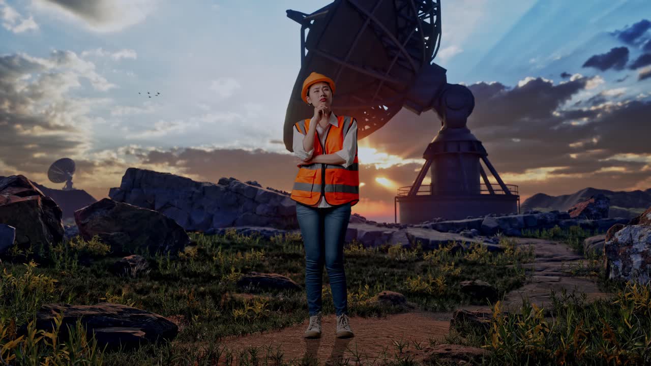 Full Body Of Asian Female Engineer With Safety Helmet Thinking And Looking Around Then Raising Her Index Finger While Standing With Large Satellite Dish