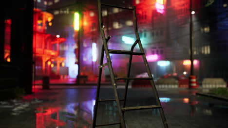 rusty ladder in a neon-lit city alley at night