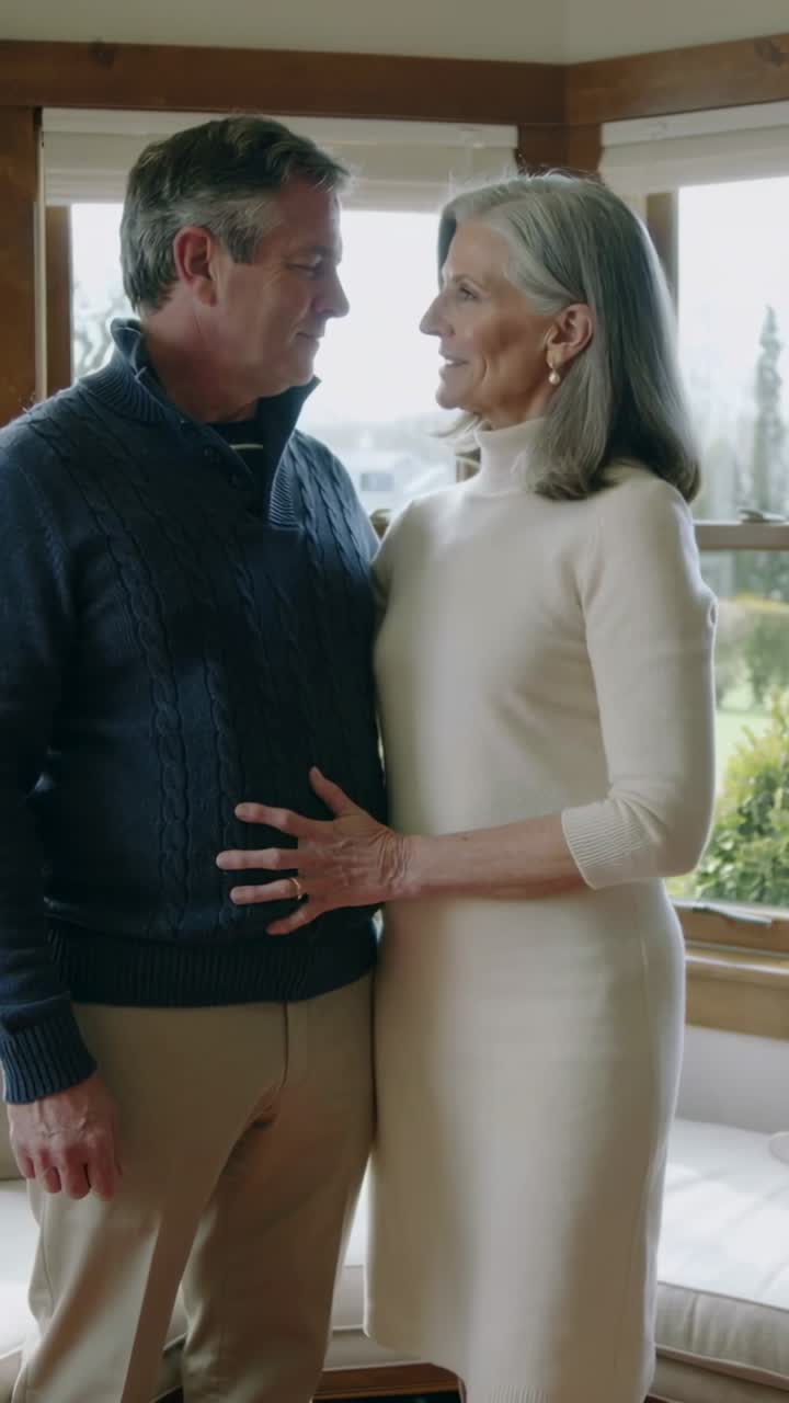 Video verticale: mano posizionata, coppia che mostra affetto, donna in abito color crema che mostra l'anello nella finestra a bovindo
