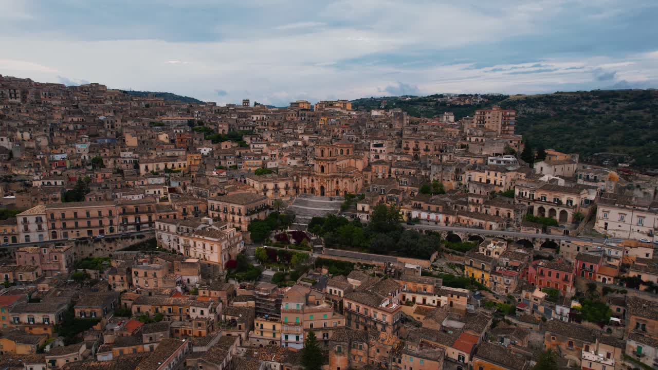 Modica old town rooftops with the Duomo di San Giorgio cathedral. Ragusa architecture, Sicily, Italy