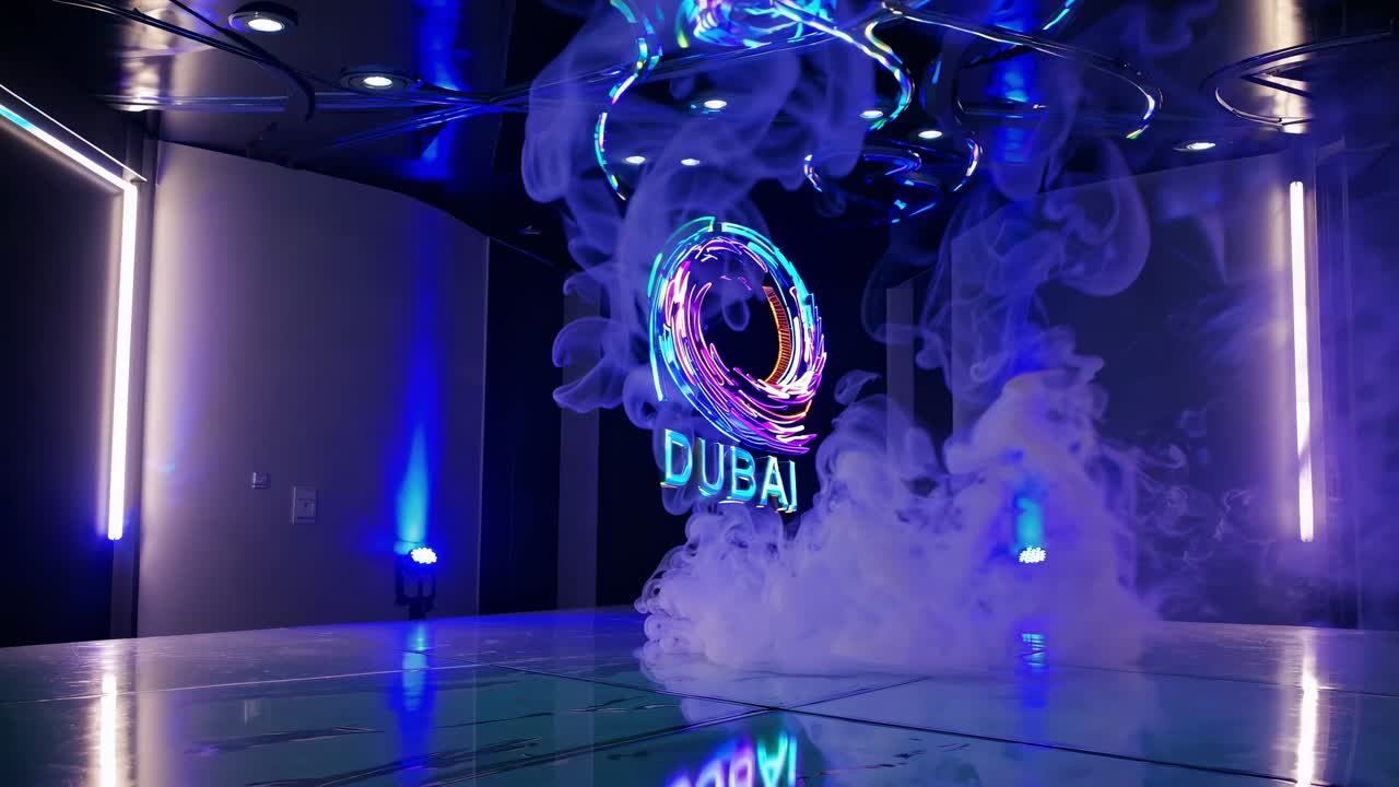 Colorful holographic Dubai logo illuminating swirling smoke in a futuristic environment, creating a captivating and immersive visual experience filled with vibrant energy and dynamic motion