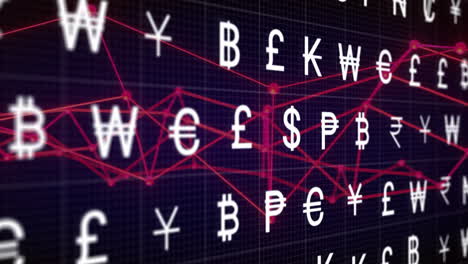 animation of network of connections and currency symbols on black background