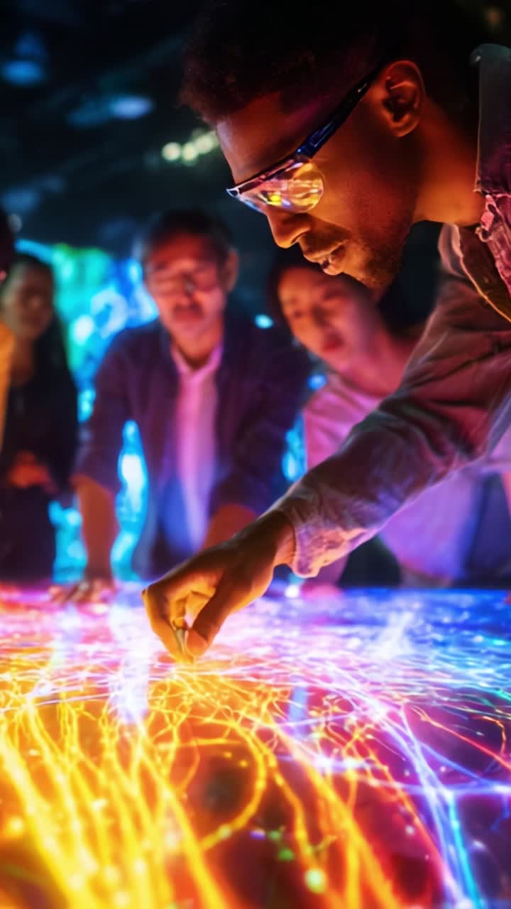 A group of enthusiastic individuals engages with an interactive digital display, showcasing vibrant light patterns while exploring technology and creativity together
