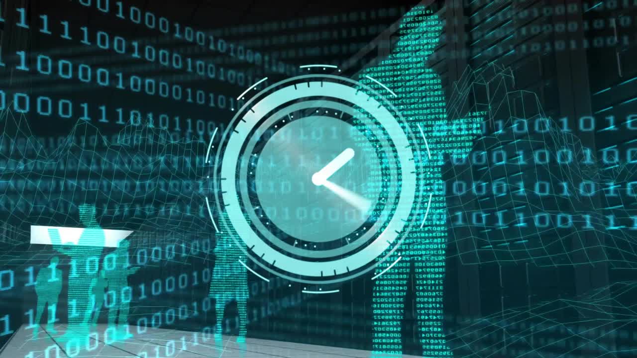 Animation of clock and binary coding with business people on black background