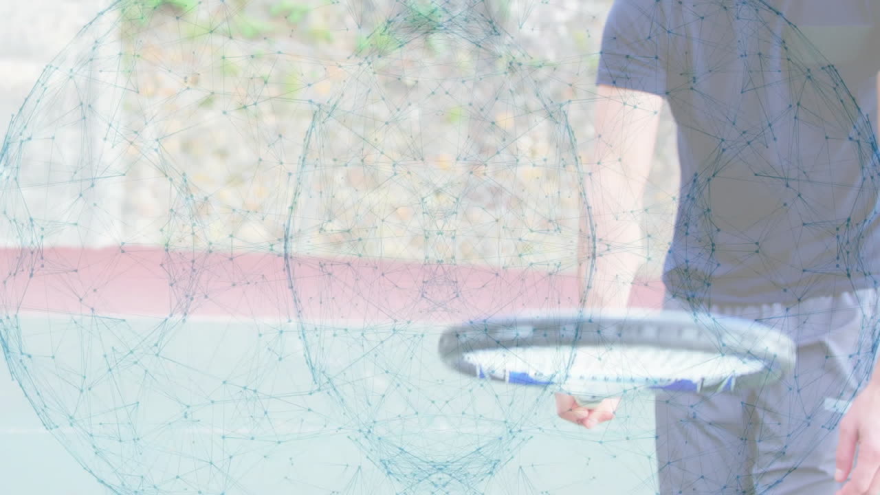 man bending down picking tennis racket on tennis court, displaying digital network sphere overlay