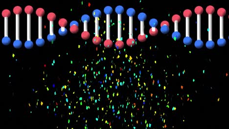 animation of colourful confetti falling over rotating dna strand, on black background