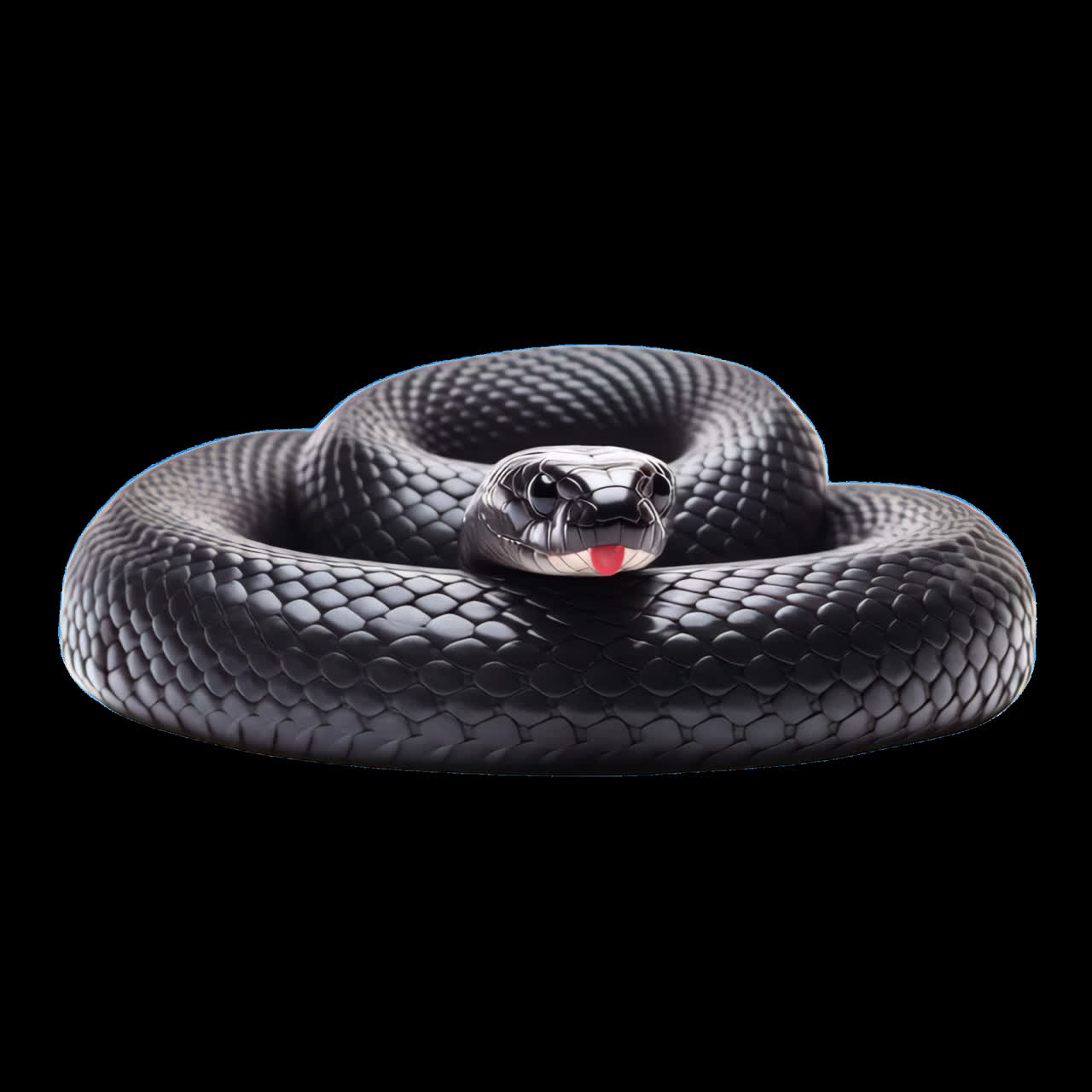 Animazione di un serpente nero arrotolato in esposizione, risorsa isolata, video 4K trasparente, canale alfa, ProRes