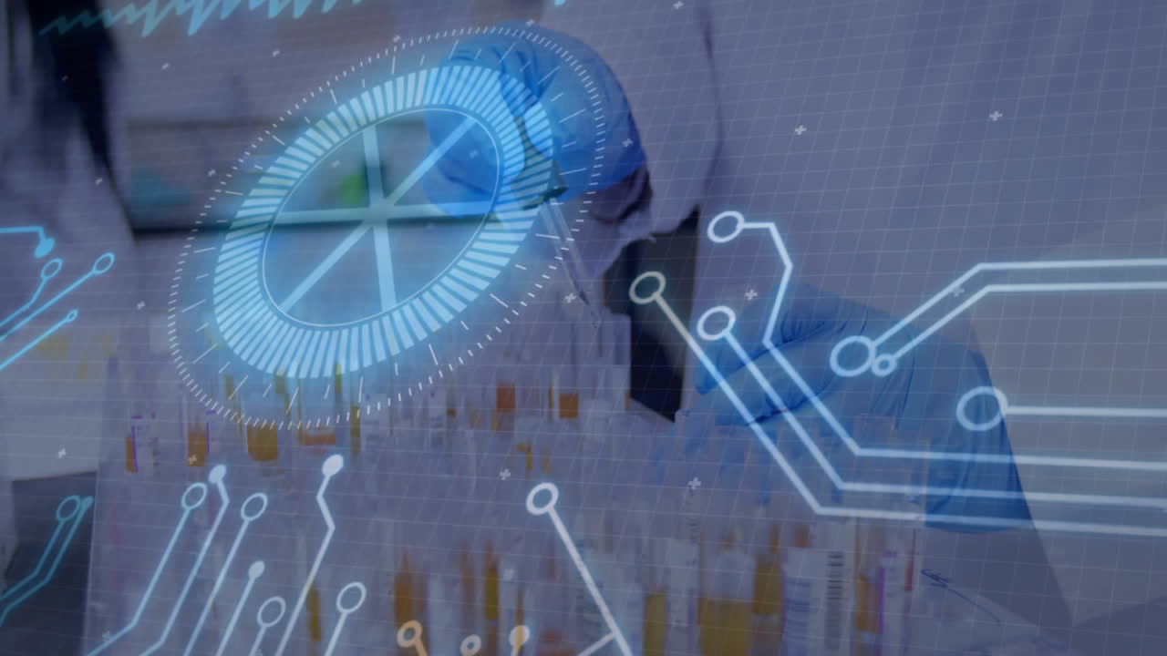 female scientist handling pipette in science lab, displaying digital HUD graphics with test tubes