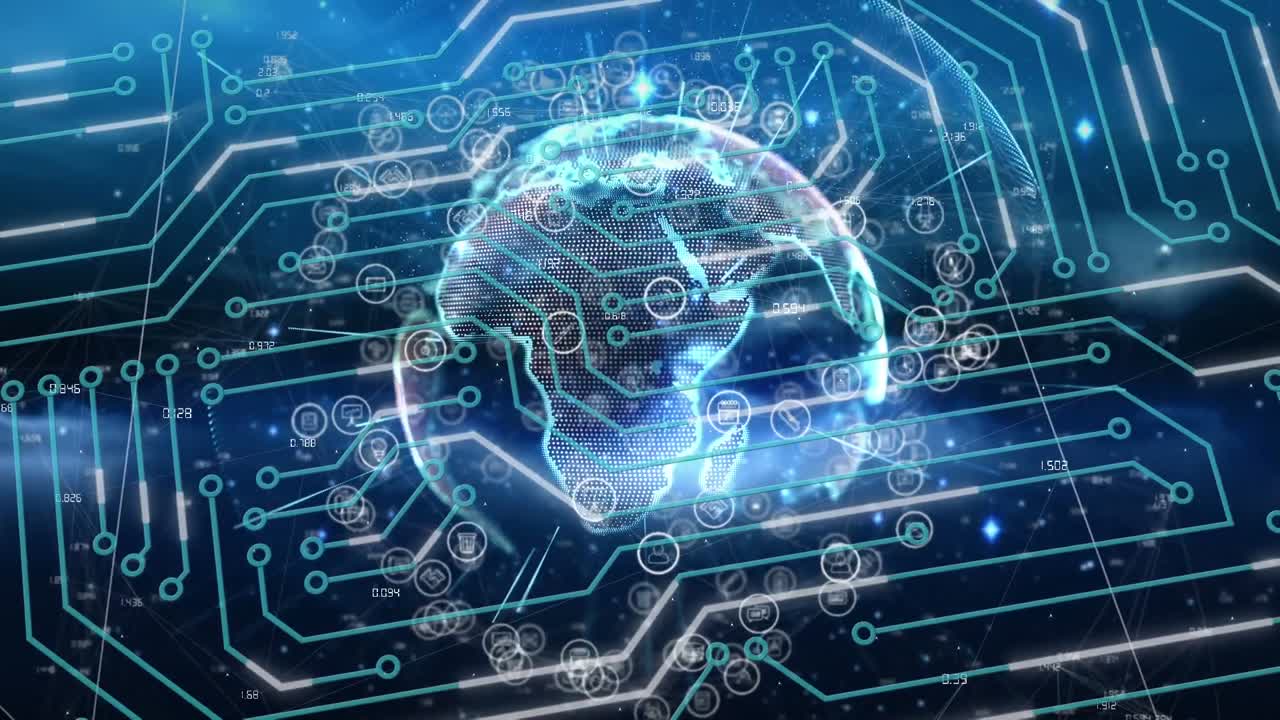 어두운 배경에 지구를 가진 연결 네트워크와 디지털 인터페이스의 애니메이션