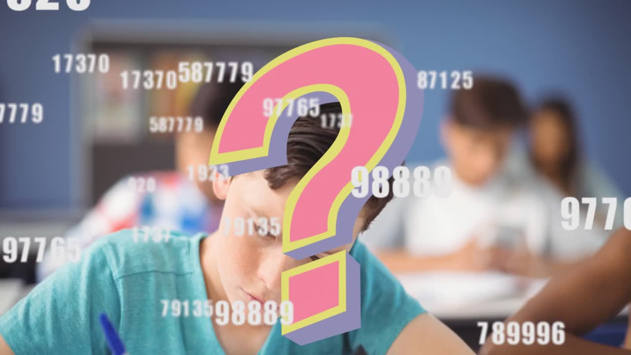 animación de signos de interrogación y creciente número de estudiantes diversos en el aula